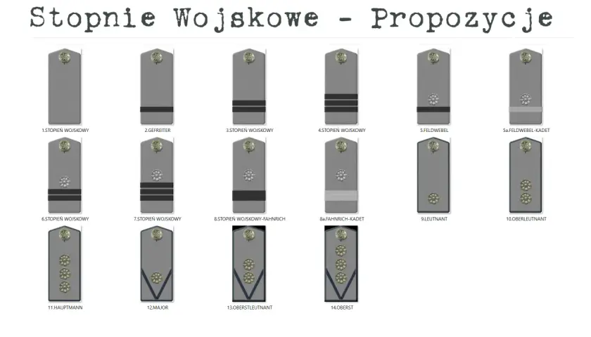 Ilustracja przedstawia propozycje stopni wojskowych, od szeregowego po pułkownika, z widocznymi dystynkcjami.
