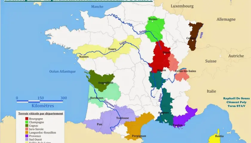Carte des principaux départements viticoles de France, montrant la diversité de chaque région des vins.