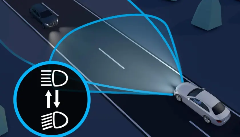 Inteligentne światła drogowe, inaczej światła długie, automatycznie dostosowują swój zasięg. Widok nocnej drogi z dwoma samochodami i ikoną świateł.