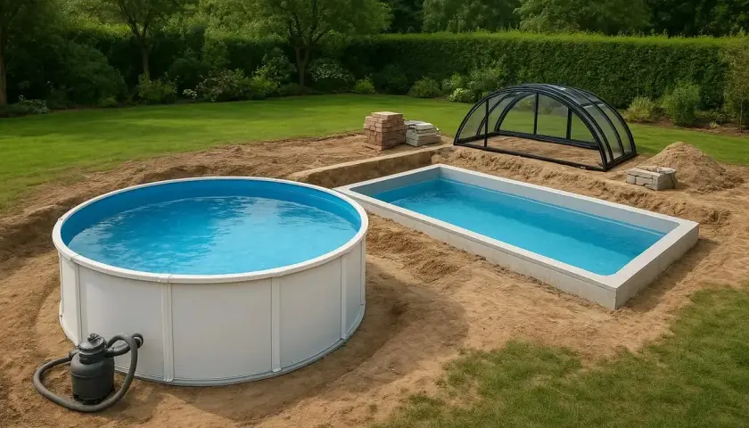 Två pooler, en rund och en rektangulär, under uppbyggnad i en trädgård. En poolkåpa ligger redo. Tänk på bygga pool kostnad för din dröm.