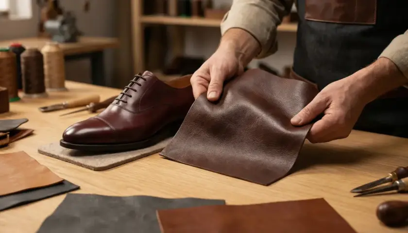 Un artisan examine différents types de cuir à côté d'une chaussure élégante.