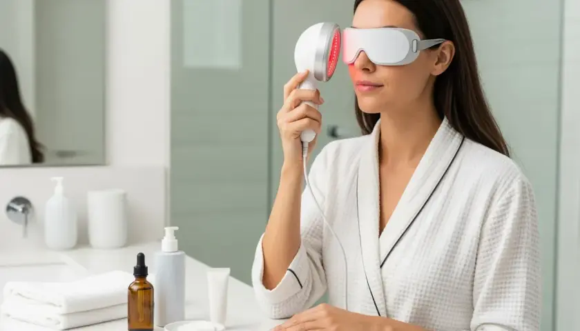 Kvinna med ögonmask och LED-ljus-enhet för ansiktsbehandling hemma.
