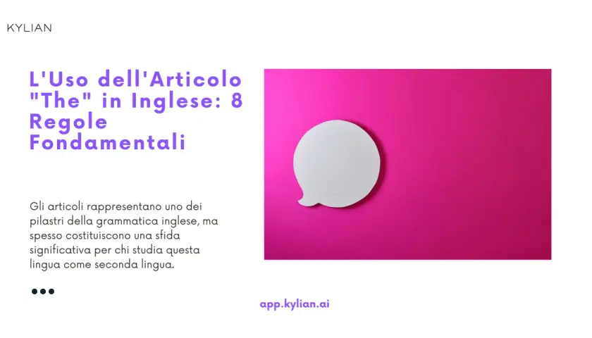 Il titolo "L'Uso dell'Articolo 'The' in Inglese" su sfondo rosa, con una nuvoletta bianca che simboleggia la comunicazione.