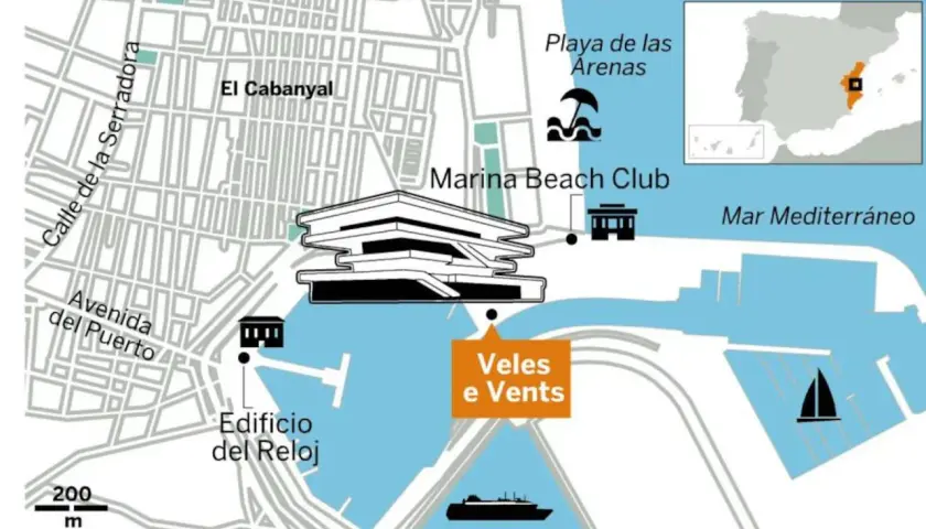 Mapa de Valencia: El Cabanyal, Playa de las Arenas, Marina Beach Club y el edificio Veles e Vents junto al Mar Mediterráneo.
