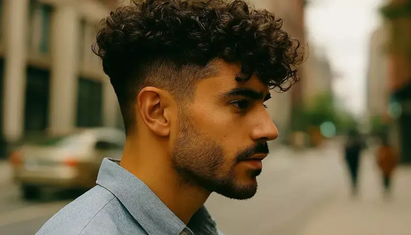 Un homme au **court cheveux bouclés** arbore un style moderne avec un dégradé impeccable. Il porte une chemise bleue claire.