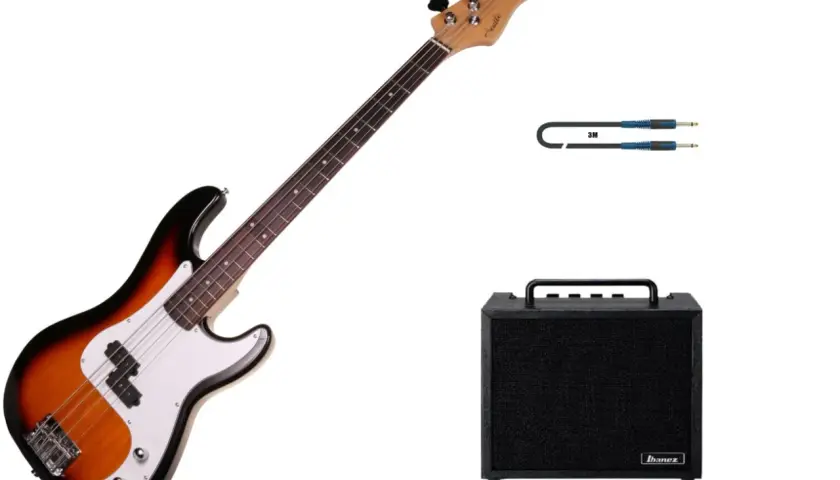 Zestaw gitara basowa, wzmacniacz Ibanez i kabel 3M. Idealny dla początkujących muzyków.