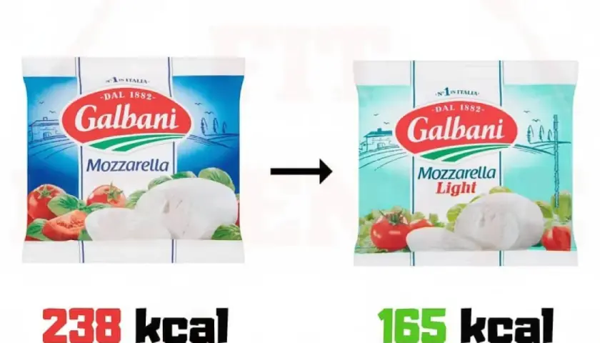 Porównanie opakowań mozzarelli Galbani: zwykła (238 kcal) i light (165 kcal). Czy mozzarella light jest zdrowa? Tak, ma mniej kalorii.