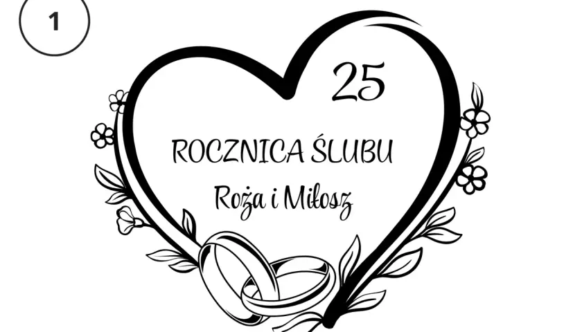 25 rocznica ślubu Róży i Miłosza. Dwa obrączki w sercu z kwiatami.
