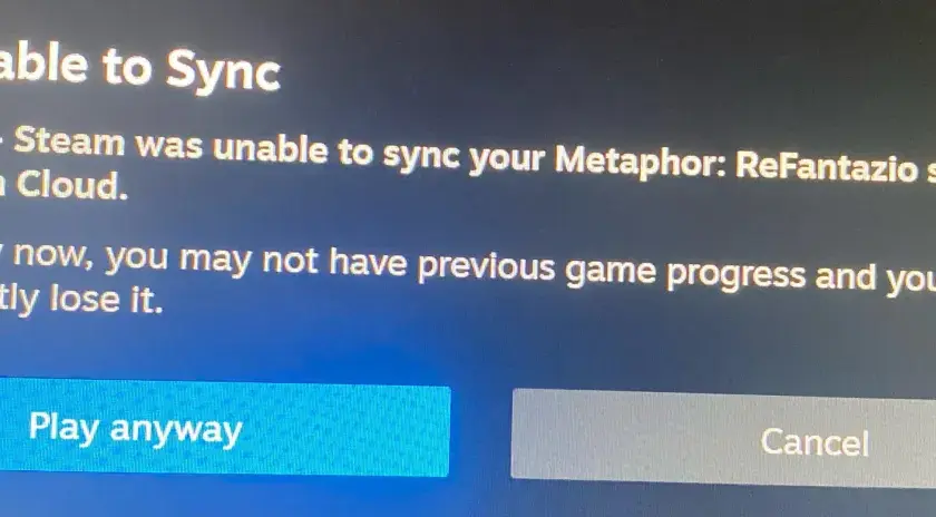 Ostrzeżenie: Steam nie mógł zsynchronizować zapisów gry Metaphor: ReFantazio z chmurą Steam. Może to oznaczać utratę postępów.