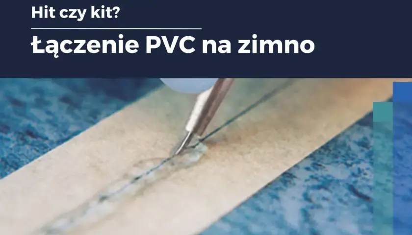 Zbliżenie na łączenie materiału PVC za pomocą igły i nici, z widocznym klejem.