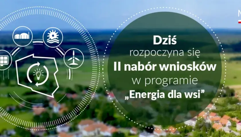 Grafika informuje o II naborze wniosków w programie „Energia dla wsi”. Widoczne ikony symbolizują odnawialne źródła energii, wspierające rozwój obszarów wiejskich.