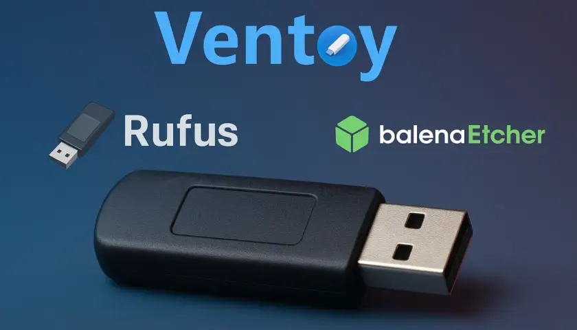 Erstellen Sie bootfähige USB-Sticks mit Ventoy, Rufus oder balenaEtcher. Ein USB-Stick ist im Vordergrund zu sehen.