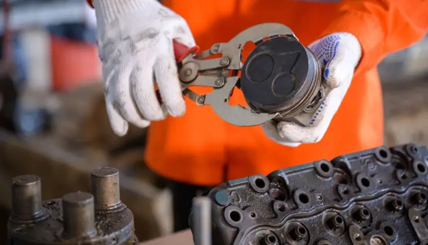 Mechanik w białych rękawiczkach używa specjalnego narzędzia do demontażu tłoka z zapieczonymi pierścieniami. Obok leży głowica silnika.