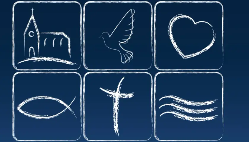 Sechs Symbole: Kirche, Taube, Herz, Fisch, Kreuz und Wellen. Sie repräsentieren das Glaubensbekenntnis.