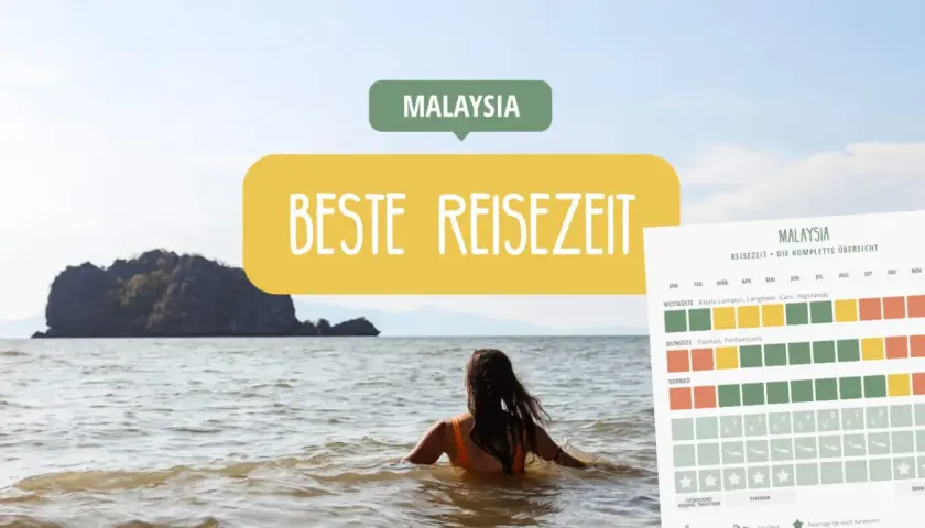 Frau im Meer blickt auf Insel. Über ihr steht "MALAYSIA" und "BESTE REISEZEIT". Rechts eine Übersicht zur Reisezeit.