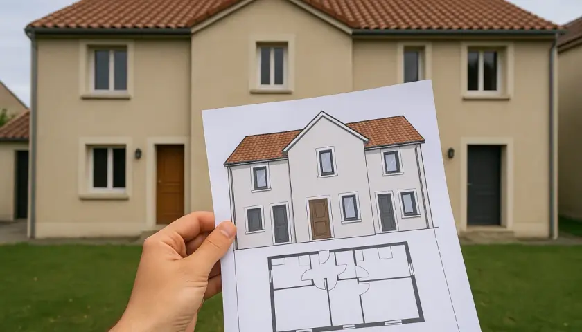 Plan pour diviser une maison en 2 maisons mitoyennes. La photo montre un plan architectural et une maison existante.