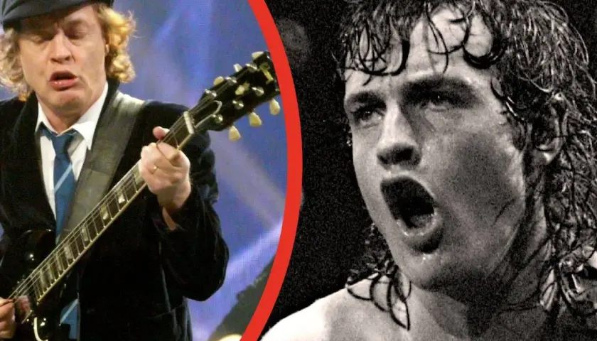 Dwóch wokalistów AC/DC: Angus Young gra na gitarze, a obok niego w zbliżeniu Brian Johnson krzyczy do mikrofonu.