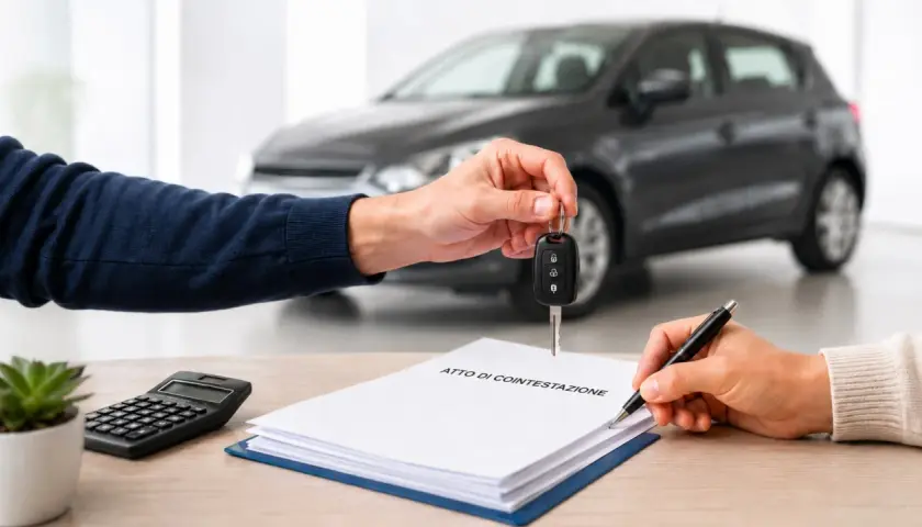 Passaggio di chiavi per un'auto cointestata. Una mano porge le chiavi, mentre un'altra firma l'atto di cointestazione su un tavolo con calcolatrice e pianta.