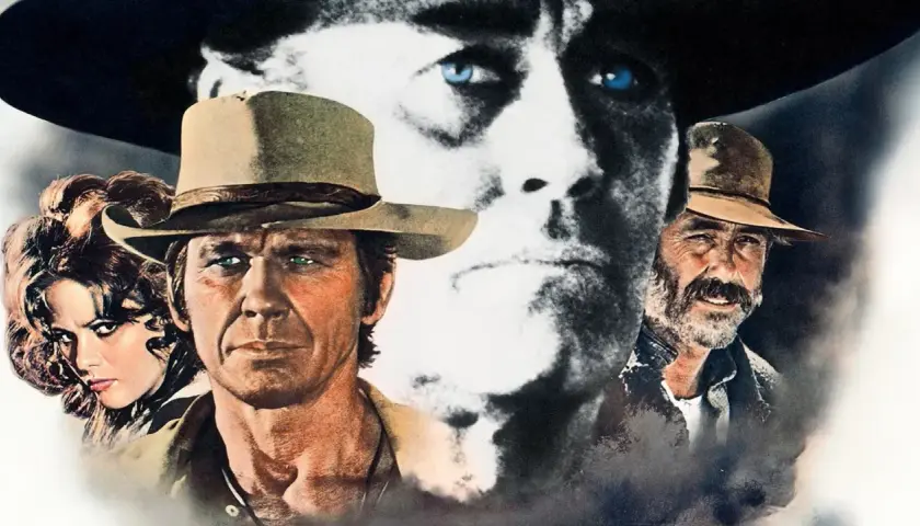 Volti iconici del West: un uomo con cappello, una donna misteriosa e un vecchio barbuto. La colonna sonora di "C'era una volta il West" evoca storie di giustizia e vendetta.