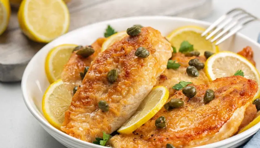Délicieux poulet au citron, garni de câpres et de rondelles de citron frais, prêt à être dégusté.