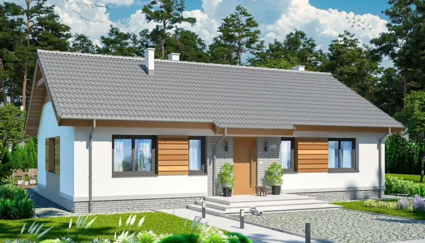 Nowoczesny, parterowy dom z drewnianymi elementami. Idealne tanie w budowie projekty domów jednorodzinnych dla rodziny.