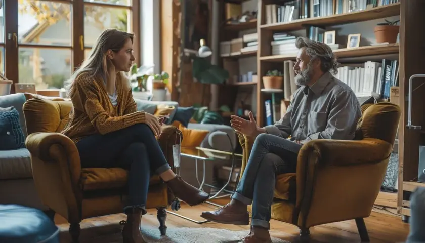 Uomo e donna in poltrone, in un ambiente accogliente. Lei ascolta, lui parla. Forse discutono del dirigente psicologo stipendio netto.