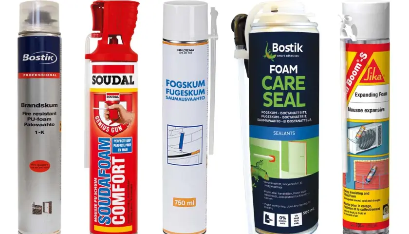Fem burkar fogskum, inklusive Bostik, Soudal och Sika. En burk är märkt "lågexpanderande fogskum".