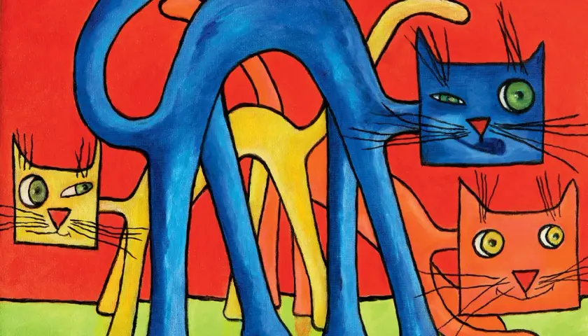 Gatti stilizzati blu, gialli e arancioni su sfondo rosso e prato verde. Un'esplosione di colori complementari che cattura lo sguardo.