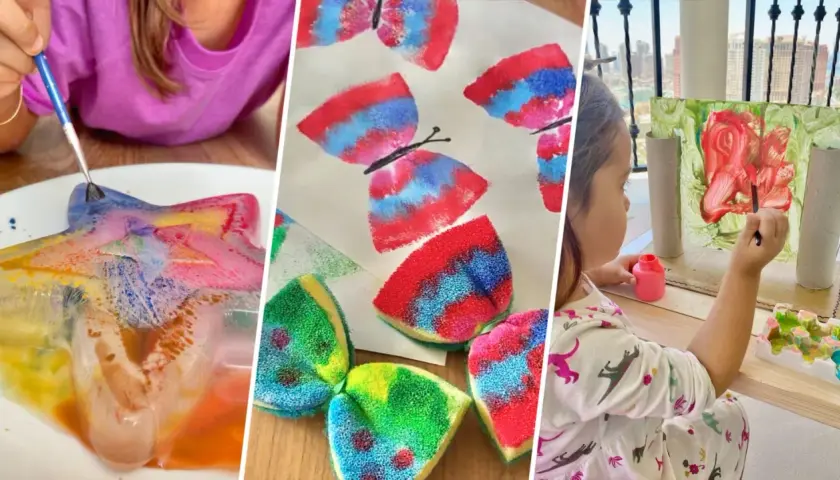 Niñas disfrutan de manualidades con pintura: pintan una estrella de hielo, mariposas con esponjas y un cuadro con rollos de papel.