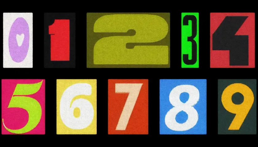 Numeri da 0 a 9 su sfondo nero. Il 9 è giallo su verde scuro. Come si dice 99 in inglese? Ninety-nine.