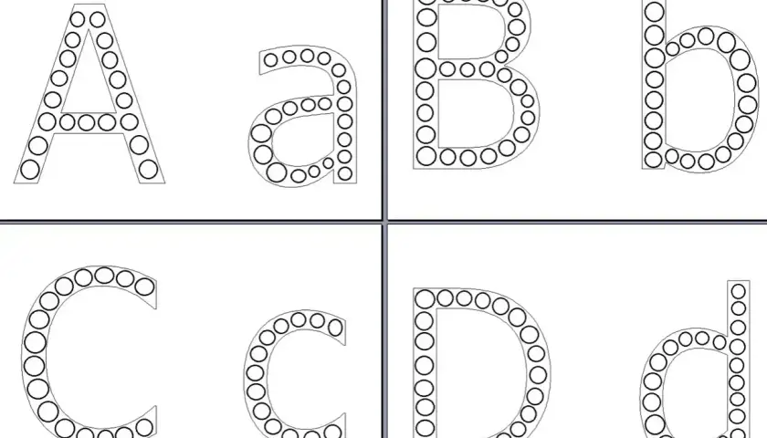 Litery A, a, B, b, C, c, D, d obrysowane kółkami.