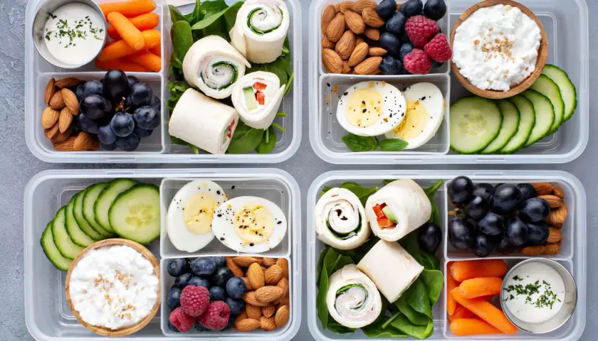 These bento boxes are healthy, packed with protein from eggs and almonds, fiber from fruits and veggies, and lean protein from wraps.