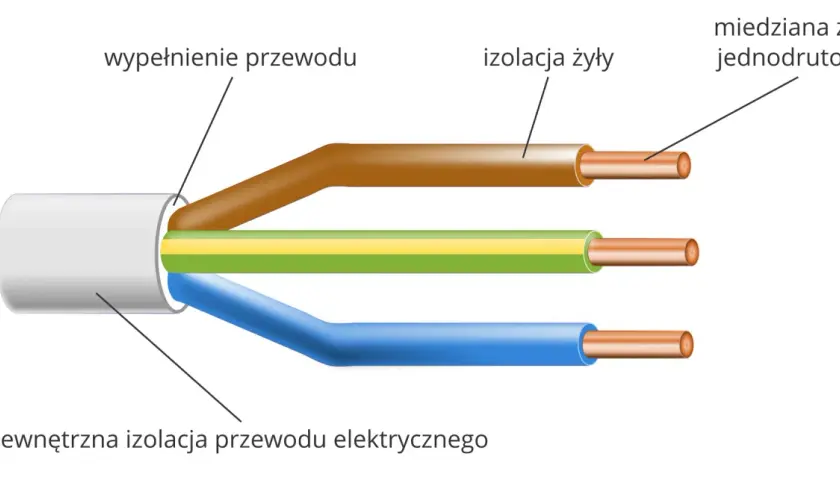 Przekrój kabla elektrycznego: miedziane żyły jednodrutowe, izolacja żyły, wypełnienie przewodu i zewnętrzna izolacja przewodu elektrycznego, która co izoluje prąd.