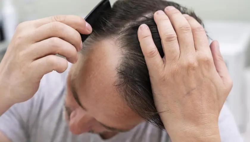 Hombre revisando su cabeza, preocupado por la caída de cabello.