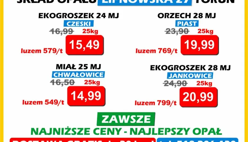 Ceny węgla: ekogroszek czeski 15,49 zł/25kg, miał chwałowice 14,99 zł/25kg, orzech piast 19,99 zł/25kg, ekogroszek jankowice 20,99 zł/25kg. Tona węgla w atrakcyjnej cenie.