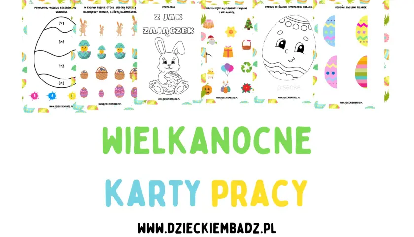 Wielkanocne karty pracy: kolorowanki z zajączkiem, pisanki, zadania matematyczne i obrazkowe.