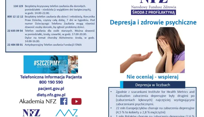 Obraz przedstawia kobietę ukrywającą twarz w dłoniach, symbolizującą cierpienie związane z chorobami psychicznymi, oraz dłoń wyciągniętą w geście wsparcia.