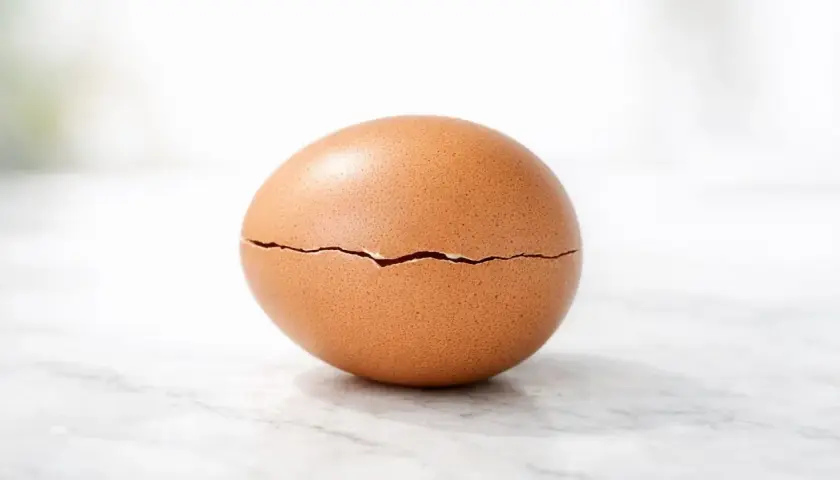 Un œuf brun craquelé, révélant un œuf noir à l'intérieur, sur fond clair.