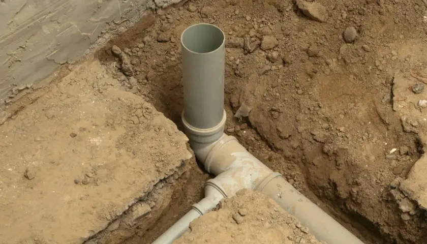 Instalacja kanalizacyjna w domu w trakcie budowy. Szare rury PVC połączone w wykopie ziemnym.