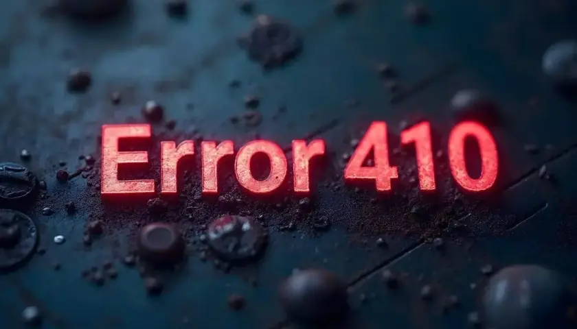 Czerwone, świecące litery "Error 410" na ciemnym, zniszczonym tle.