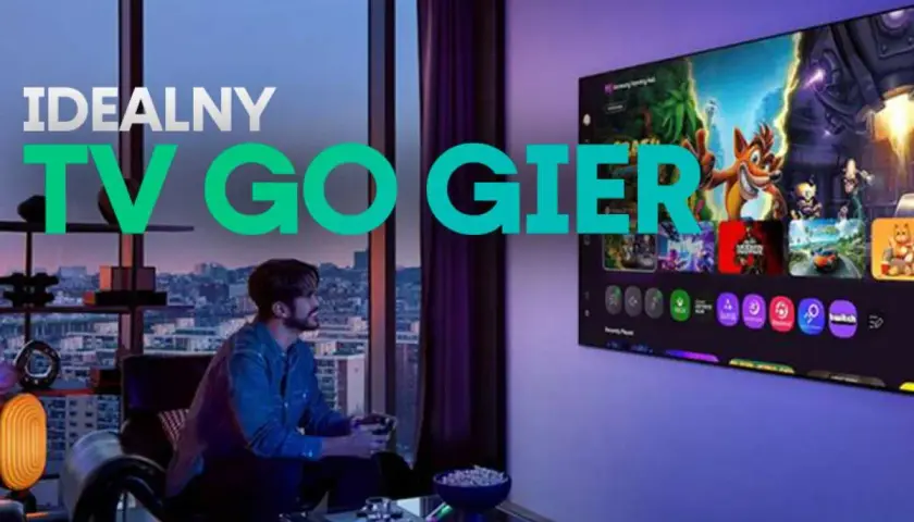 Idealny TV do gier z adaptive sync. Mężczyzna gra w gry na dużym ekranie w nowoczesnym salonie.