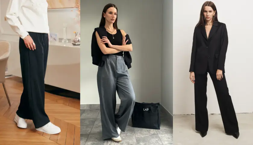 Eleganckie stylizacje szerokie spodnie: czarne, szare i garnitur.