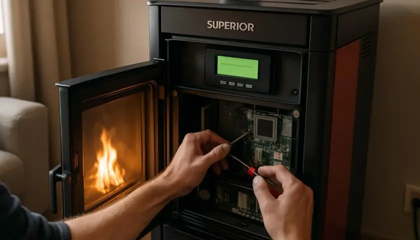 Mainteneur travaillant sur la carte mère d'un poêle à granulés, peut-être pour résoudre un code erreur poêle à granulés. Flammes visibles dans le foyer.