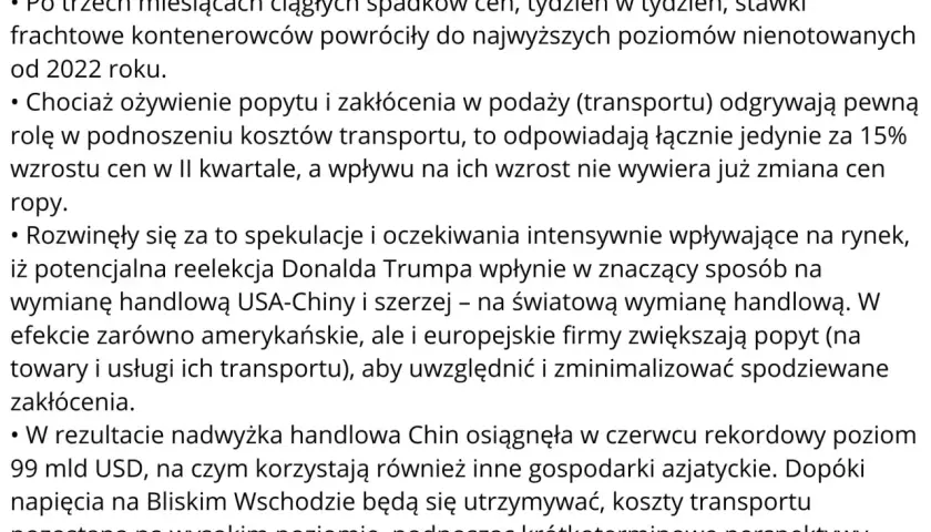 Stawki frachtowe kontenerowców rosną, wpływając na koszty transportu. Spekulacje i napięcia geopolityczne podnoszą perspektywy zysków dla żeglugi.