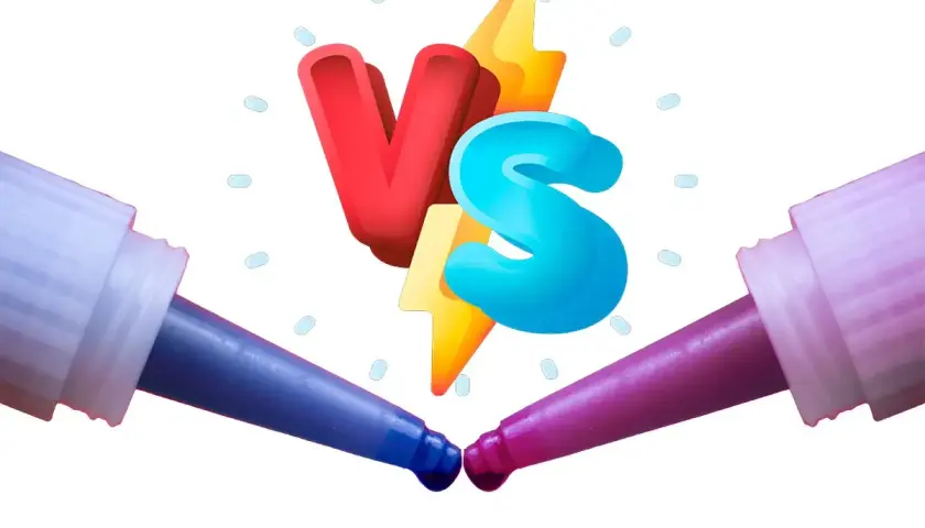 Dwa aplikatory kleju do gwintów (niebieski i fioletowy) z kroplami na końcach, symbol "VS".