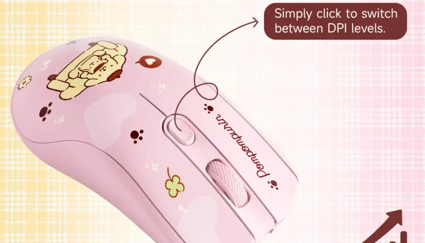 Souris rose Pompompurin avec un bouton pour le réglage de la souris.