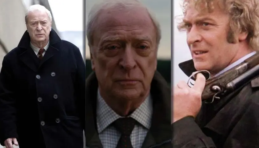 Triptyk med Michael Caine i olika roller. Från vänster: en äldre Caine i mörk rock, en närbild på hans ansikte, och en yngre Caine med ett gevär.
