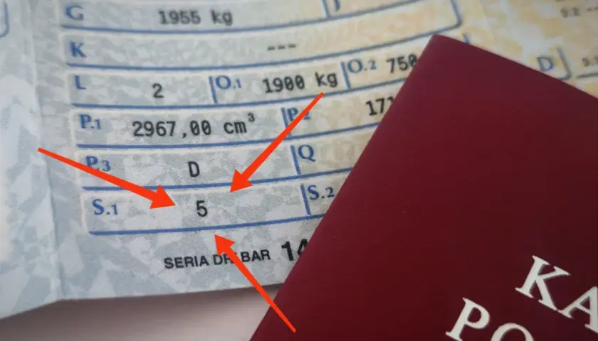 Dowód rejestracyjny z zaznaczonym polem S.1, wskazującym liczbę miejsc siedzących: 5.