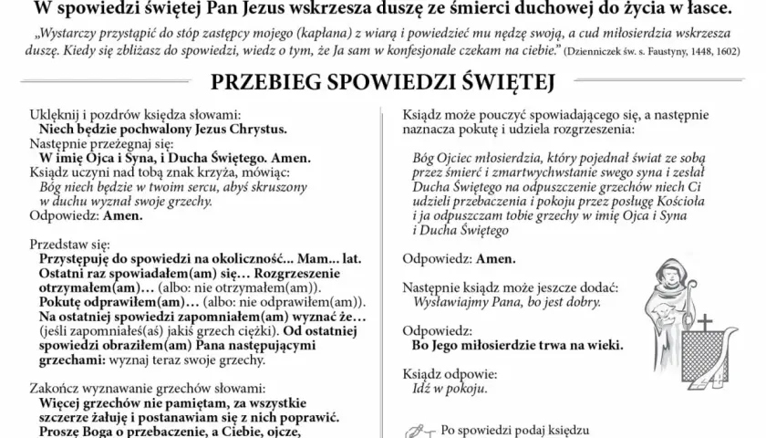 Formuła spowiedzi dla dorosłego: tekst zawiera modlitwy i wskazówki, jak przystąpić do sakramentu pokuty i pojednania.