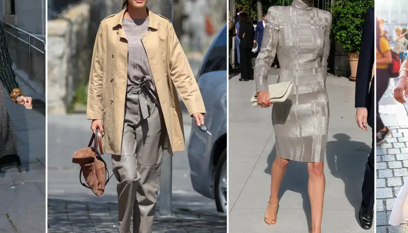 Sofia Palazuelo luce elegante con un vestido plateado y un bolso de mano. En otra imagen, lleva un look casual con gabardina y pantalones de cuero.